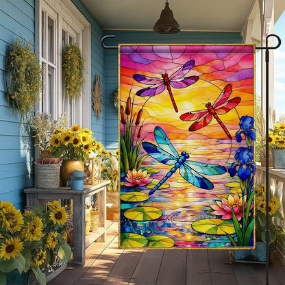 IVN Dragonfly Garden Flag 12x18 Inch – Sunset Lake Stained Glass Style Outdoor Flag, Double Sided Burlap Yard Flag for Porch Lawn Patio Decorative