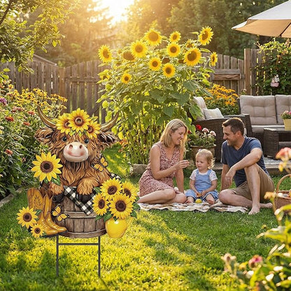 Amyhill Highland Cow Outdoor Decor Metal Garden Stakes Summer Sunflowers Yard Signs Farmhouse Floral Cattle Waterproof Lawn Sign Outdoor Decorations for Summer Holiday Garden Lawn Decor
