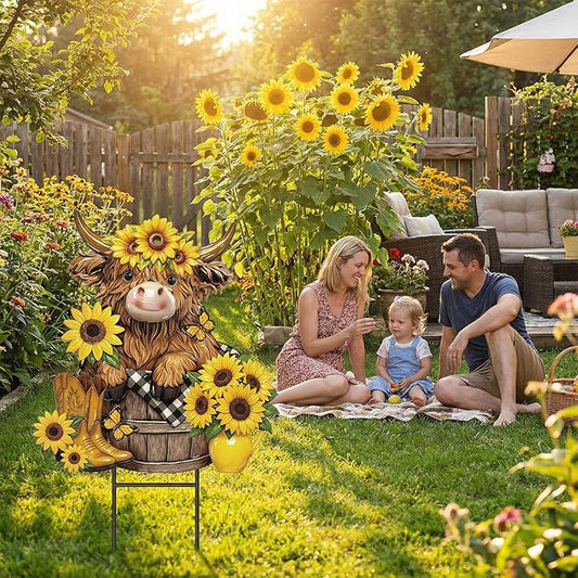 Amyhill Highland Cow Outdoor Decor Metal Garden Stakes Summer Sunflowers Yard Signs Farmhouse Floral Cattle Waterproof Lawn Sign Outdoor Decorations for Summer Holiday Garden Lawn Decor