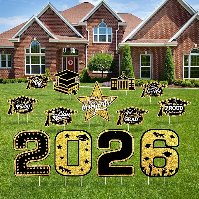 13Pcs Graduation Yard Signs Class of 2026 Large Congrats Grad Sign with Stakes & String Hanging Graduation Decorations for Indoor Outdoor Yard Lawn Porch School (Gold)