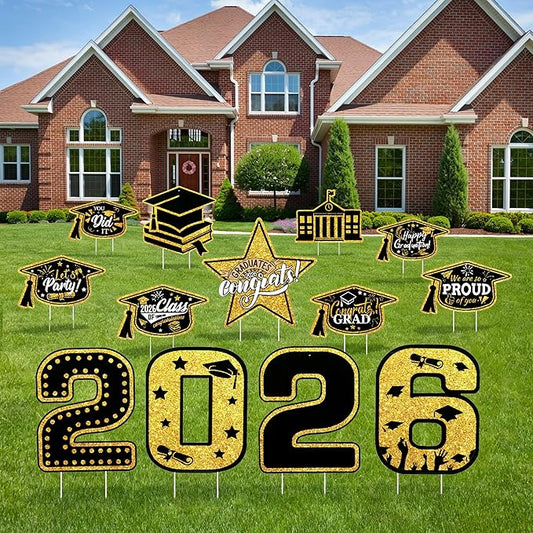 13Pcs Graduation Yard Signs Class of 2026 Large Congrats Grad Sign with Stakes & String Hanging Graduation Decorations for Indoor Outdoor Yard Lawn Porch School (Gold)