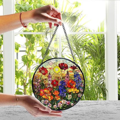 Flower Sunset Stained Glass Window Hanging, Cottagecore Wildflower Sun Catchers Indoor Window Round Glass Wall Art Decor, Floral Suncatcher Wall Hanging Decorations, Lawn Care
