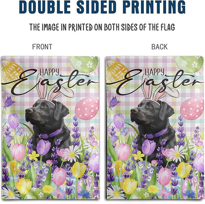 Happy Easter Labrador Dog Garden Flag Black Lab Spring Flags Buffalo Plaid Bunny Eggs Yard Flag for Outside 12x18 Double Sided Small Decorative Floral Outdoor Flag