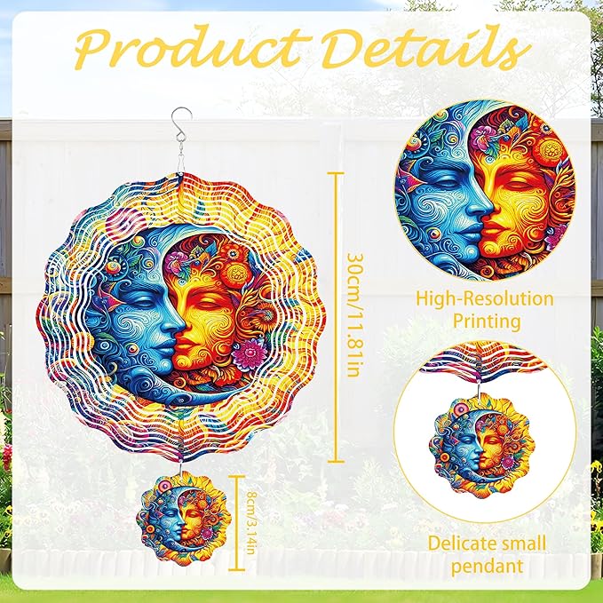 Sun and Moon Wind Spinner Outdoor, Celestial Gift for Mom and Women, Hanging Metal Wind Catcher with 3" Center Pendant, 12" 3D Stainless Steel Kinetic Art for Garden Yard
