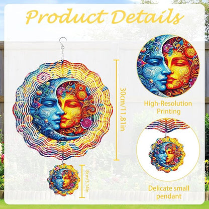 Sun and Moon Wind Spinner Outdoor, Celestial Gift for Mom and Women, Hanging Metal Wind Catcher with 3" Center Pendant, 12" 3D Stainless Steel Kinetic Art for Garden Yard
