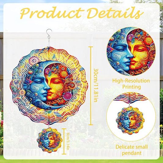 Sun and Moon Wind Spinner Outdoor, Celestial Gift for Mom and Women, Hanging Metal Wind Catcher with 3" Center Pendant, 12" 3D Stainless Steel Kinetic Art for Garden Yard