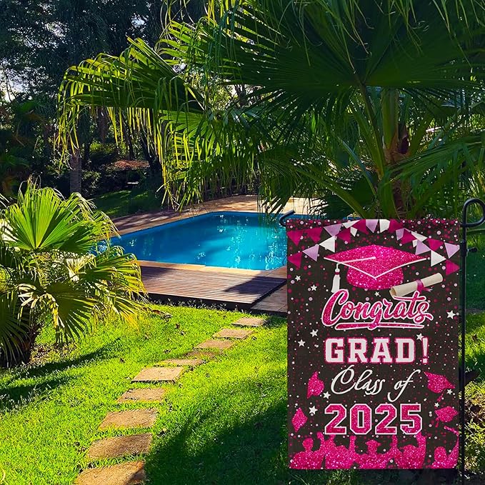Graduation Garden Flag Class of 2025 Pink Congrats Grade Flag for Outside Party Hanging Decorations 12x18 Inch Burlap