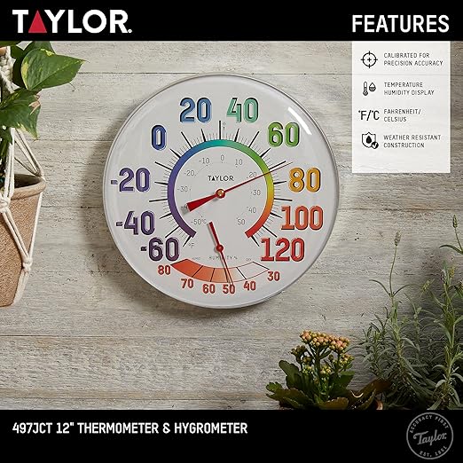 Taylor Metal Wall Indoor Outdoor Thermometer and Hygrometer, Easy to Read Numbers for Patio, Pool, and Indoor Areas, 12 inch, Multi
