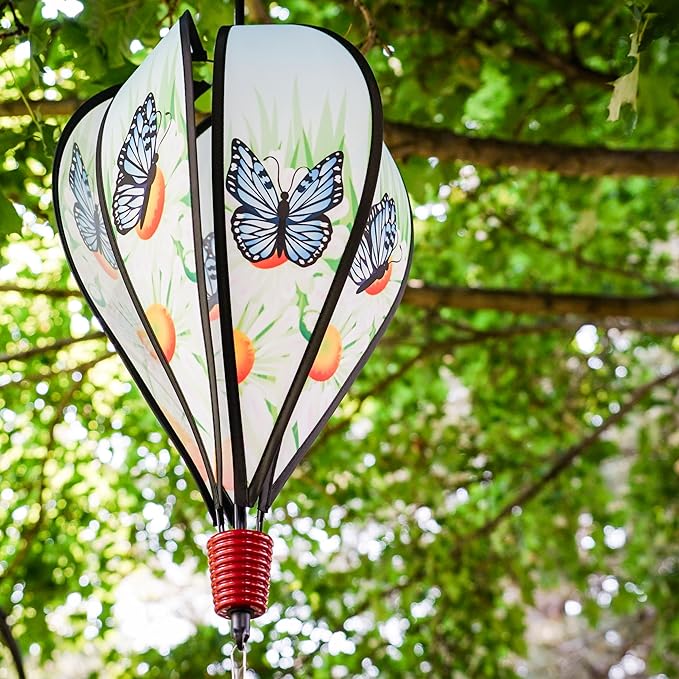 In the Breeze Blue Karner Butterfly 6-Panel Kinetic Hot Air Balloon Wind Spinner,Blue Butterfly,11" W x 17" H, 26" Tail,1057