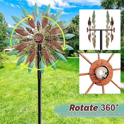 Wind Spinners Outdoor, 360° Metal Windmills for Yard Garden Art Decor, Kinetic Wind Sculptures with 5 Stake for Lawn Patio Outside Ornaments, 13.7" W x 64.3" H (Green+Brown)