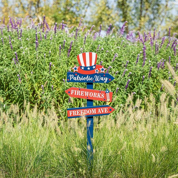 Glitzhome 36" H Patriotic Yard Stake,American Wooden Top Hat Word Sign Yard Stake 4th July Garden Yard Welcome Signs Independence Day Indoor Outdoor Decorations