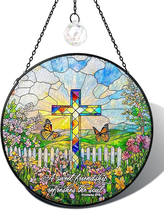 Christian Stained Glass Window Hanging Sun Catcher, Religious Faith for Mom or Grandma, Church Window Decor