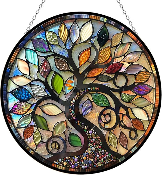 Bohemian Tree of Life Stained Glass Window Hanging, Colorful Bohemian Tree of Life Sun Catchers Glass Panel Blue Suncatcher Decor for Birthday for Women, Men, Wife, Aunt, and Mom 7.8 in