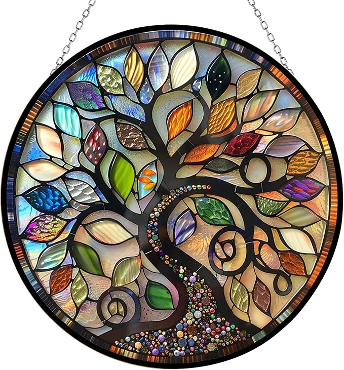 Stained Glass Window Hanging, Bohemian Tree of Life Sun Catchers Diamond Glass Panel Hangings Abstract Suncatcher Decor for Birthday for Women, Men, Wife, Aunt, and Mom 9.8 in