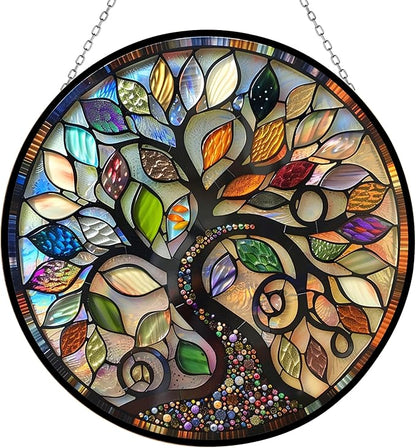 Stained Glass Window Hanging, Bohemian Tree of Life Sun Catchers Diamond Glass Panel Hangings Abstract Suncatcher Decor for Birthday for Women, Men, Wife, Aunt, and Mom 9.8 in