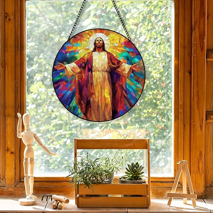 Jesus Christian Suncatcher Stained Glass Window Hanging, Jesus Religious Sun Catchers Indoor Window Glass Round Wall Decor, Christian Wall Art Hanging Decorations, 7.8＂x7.8＂