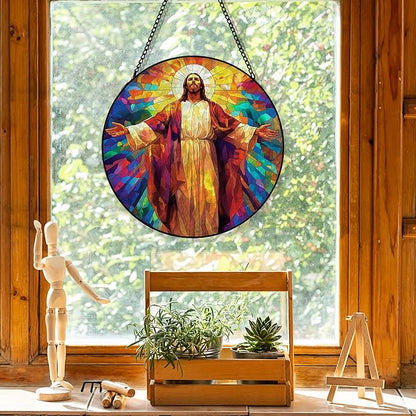 Jesus Christian Suncatcher Stained Glass Window Hanging, Jesus Religious Sun Catchers Indoor Window Glass Round Wall Decor, Christian Wall Art Hanging Decorations, 7.8＂x7.8＂
