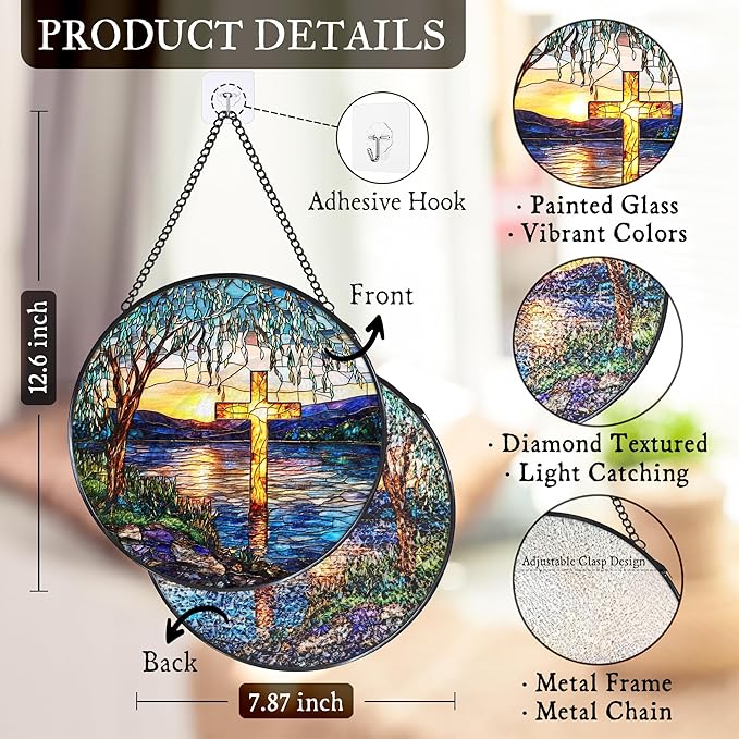 Cross Willow Tree Stained Glass Window Hanging Suncatcher, Christian Willow Sunset Sun Catcher Indoor Window Decor, Religious Painted Glass Round Wall Hanging Decorations, 7.8x7.8 in