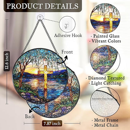 Cross Willow Tree Stained Glass Window Hanging Suncatcher, Christian Willow Sunset Sun Catcher Indoor Window Decor, Religious Painted Glass Round Wall Hanging Decorations, 7.8x7.8 in