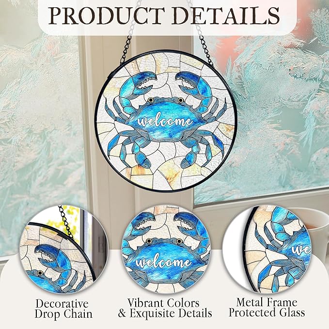 kdqua Coastal Beach Crab Welcome Suncatcher Stained Glass Window Hanging, Ocean Marine Crab Sun Catchers Indoor Window Glass Round Wall Decor, Beachy Wall Art Hanging Decorations Statues, 7.9x7.9in