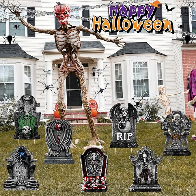 Soaoo 12 Pack 15" Halloween Graveyard Tombstone Yard Sign Halloween Decorations Outdoor Gravestone Headstone Decorations with Lawn Stakes Metal Stakes for Lawn Yard Outdoor Garden Haunted House Decor