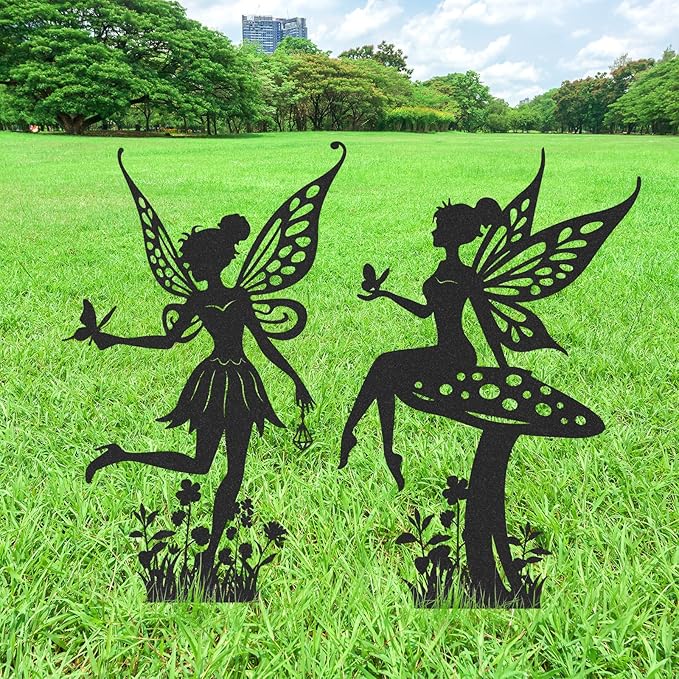 Fairy Garden Decor for Outside - 2 Pcs Metal Yard Stakes Decorative Lawn Patio Pathway Signs Black Silhouette Statue Ornaments Appreciation Housewarming Birthday Gifts for Women Girls Mom