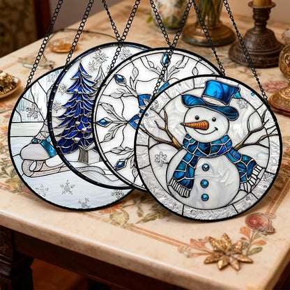 DASTOLL Stained Glass Window Hanging 4 Pcs Set White Winter Christmas Snow Scene 6.3" - Suncatcher Door Garden Sun Catcher Decor Birthday for Mom Woman Nana Men Friend Wife