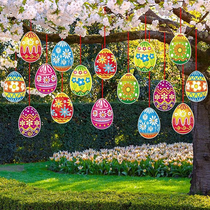 16 Pieces Easter Egg Outdoor Hanging Ornaments Decorations Happy Easter Hanging Porch & Tree Yard Lawn Decor - Double-Side Printed