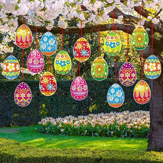 16 Pieces Easter Egg Outdoor Hanging Ornaments Decorations Happy Easter Hanging Porch & Tree Yard Lawn Decor - Double-Side Printed