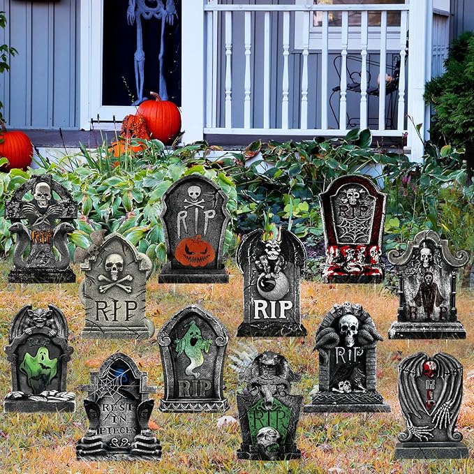 Soaoo 12 Pack 15" Halloween Graveyard Tombstone Yard Sign Halloween Decorations Outdoor Gravestone Headstone Decorations with Lawn Stakes Metal Stakes for Lawn Yard Outdoor Garden Haunted House Decor