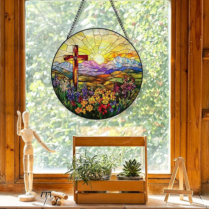 Cross Flower Suncatcher Stained Glass Window Hanging, Christian Wildflower Sunset Landscape Sun Catchers Indoor Window Glass Round Wall Decor, Religious Wall Art Hanging Decorations, ＂7.8x7.8＂