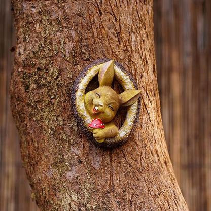 Garden Bunny Sculpture, Decorative Smiling Rabbit Tree Log Statue with Mushroom, Indoor Outdoor Resin Art Decor