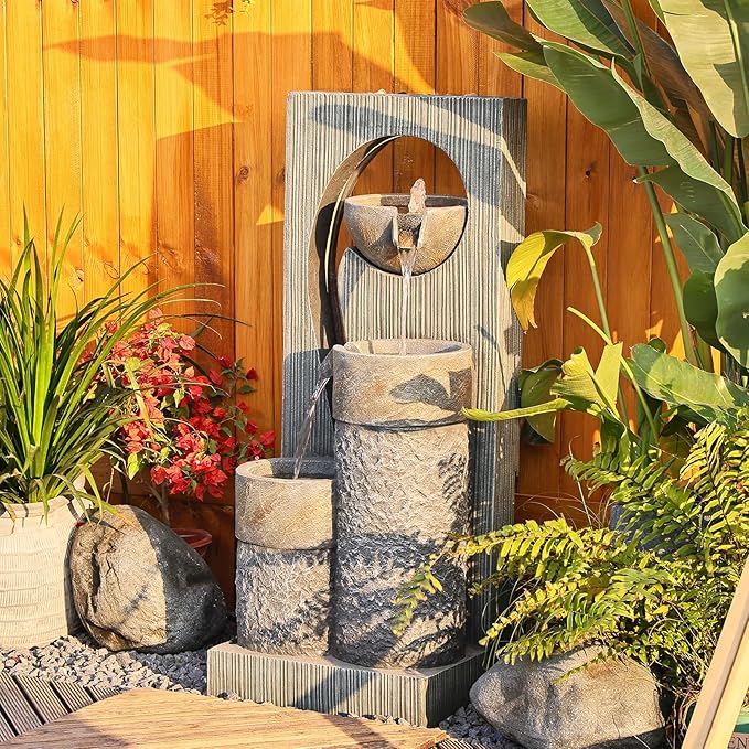 Tankana Water Fountain Zen Feature Outdoor Indoor - Waterfall Garden Freestanding Fountains ρ-Shaped Hollow Artistry Design with LED Lights for Home Decor Patio Yard Pool, 41 inches