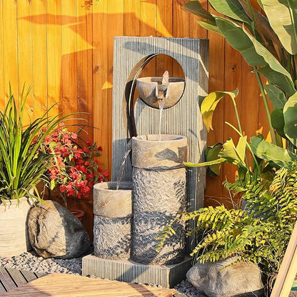 Tankana Water Fountain Zen Feature Outdoor Indoor - Waterfall Garden Freestanding Fountains ρ-Shaped Hollow Artistry Design with LED Lights for Home Decor Patio Yard Pool, 41 inches
