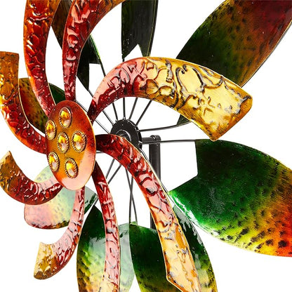 Alpine Corporation 64" Tall Floral Windmill Stake with Jeweled Kinetic Spinner, Green and Orange