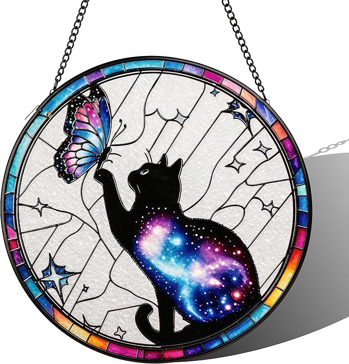 Stained Glass Sun Catcher,Cat and Butterfly Glass Window Hanging Garden Decor,Sun Catchers Indoor Window,Whimsical Decoration for Home Backyard Patio Lawn Porch with 6.3 INCH