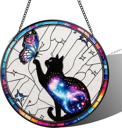 Stained Glass Sun Catcher,Cat and Butterfly Glass Window Hanging Garden Decor,Sun Catchers Indoor Window,Whimsical Decoration for Home Backyard Patio Lawn Porch with 9.8 INCH