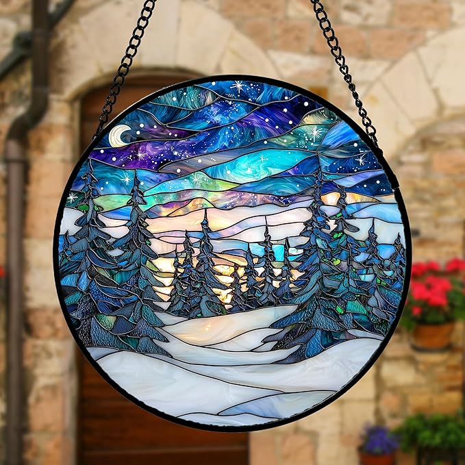 DASTOLL Stained Glass Window Hanging, Starry Sky Trees and Snow Sun Catchers Glass Panel Blue Suncatcher Decor for Birthday for Women, Men, Wife, Aunt, and Mom 7.8 in