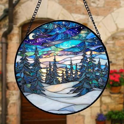 DASTOLL Stained Glass Window Hanging, Starry Sky Trees and Snow Sun Catchers Glass Panel Blue Suncatcher Decor for Birthday for Women, Men, Wife, Aunt, and Mom 7.8 in