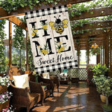 ORTIGIA Home Sweet Home Bee House Flag Double Sided 28x40 Inch, Spring Summer Yellow Flower Buffalo Plaid Check Large Yard Flag Burlap Farmhouse Rustic Outside Outdoor Lawn Patio Decor