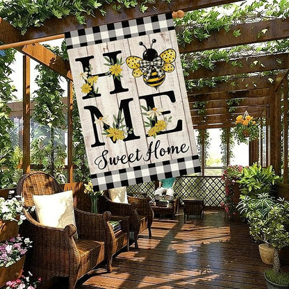 ORTIGIA Home Sweet Home Bee House Flag Double Sided 28x40 Inch, Spring Summer Yellow Flower Buffalo Plaid Check Large Yard Flag Burlap Farmhouse Rustic Outside Outdoor Lawn Patio Decor