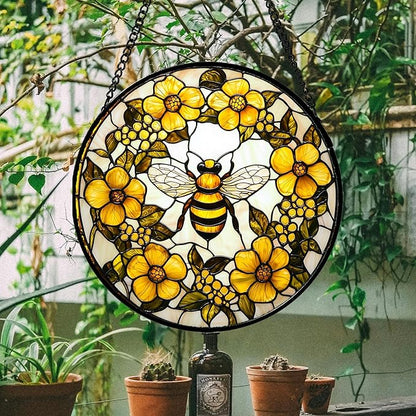 Stained Glass Window Hanging - Yellow Flowers Surrounded by Bees Sun Catcher for Door Garden Home Decor Cute Suncatcher Christmas Mother's Day Birthday Gifts for Women Men Mom Nana 9.8 in