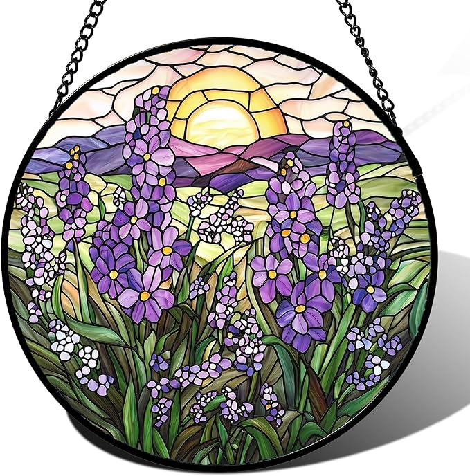 Stained Glass Window Hanging - Purple Lavender Suncatcher for Door Terrace Garden Home Decor Plant Flowers Landscape Sun Catcher Birthday Gifts for Lovers Women Men Dad Mom Nana 11.8 in
