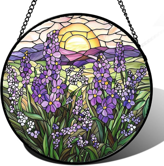 Stained Glass Window Hanging - Purple Lavender Suncatcher for Door Terrace Garden Home Decor Plant Flowers Landscape Sun Catcher Birthday Gifts for Lovers Women Men Dad Mom Nana 11.8 in