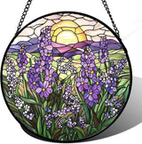 Stained Glass Window Hanging - Purple Lavender Suncatcher for Door Terrace Garden Home Decor Plant Flowers Landscape Sun Catcher Birthday Gifts for Lovers Women Men Dad Mom Nana 6.3 in
