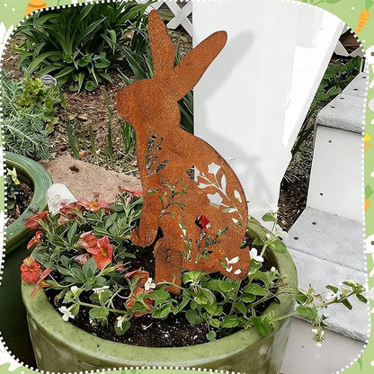 2 Pcs Easter Metal Rabbit Garden Stake Rusty Bunny Garden Decor Rustic Iron Rabbit Silhouette Decoration Art Flower Metal Cutout Sign Floor Standing Sculpture for Yard Decor Holiday Outdoor