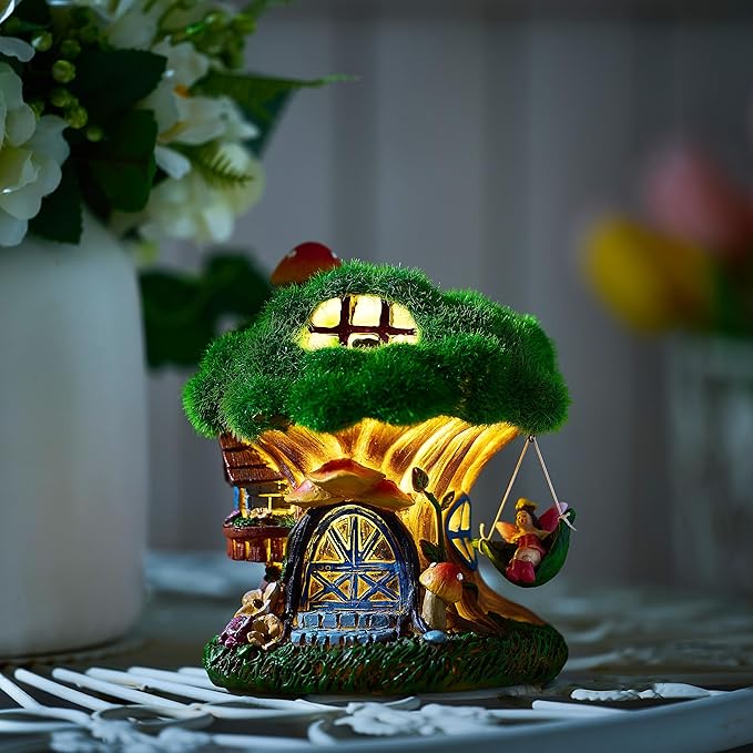 TERESA'S COLLECTIONS Fairy House Outdoor Statues with Solar Light for Garden Decor, Green Moss Resin Outdoor Cottage with Swinging Fairy, Lawn Ornaments Yard Decor Gifts for Mom Women, 5.1"