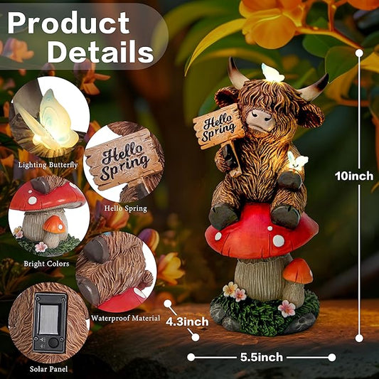 Smadeer Highland Cow Garden Statue with Solar Butterfly Lights, Spring Outdoor Highland Cow on Mushroom Butterfly Decoration for Yard, Patio, Lawn, Cows Figurine Housewarming Gift for Women, Mom