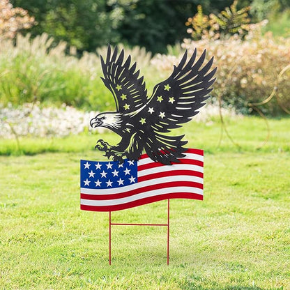 Glitzhome 29.75"H Patriotic Americana Metal Eagle Silhouette & Flag Yard Signs,Patriotic Decorative Garden Stakes for 4th of July Decorations Outdoor,Memorial Day Yard Signs for Lawn Porch Decor
