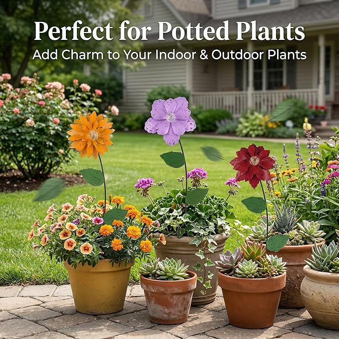 3 Pack Floral Garden Stake Decor, Glow in Dark Shaking Head Outdoor Plant Pick Water Proof Metal Flower Stick for Lawn Yard Patio Pathway Ornament